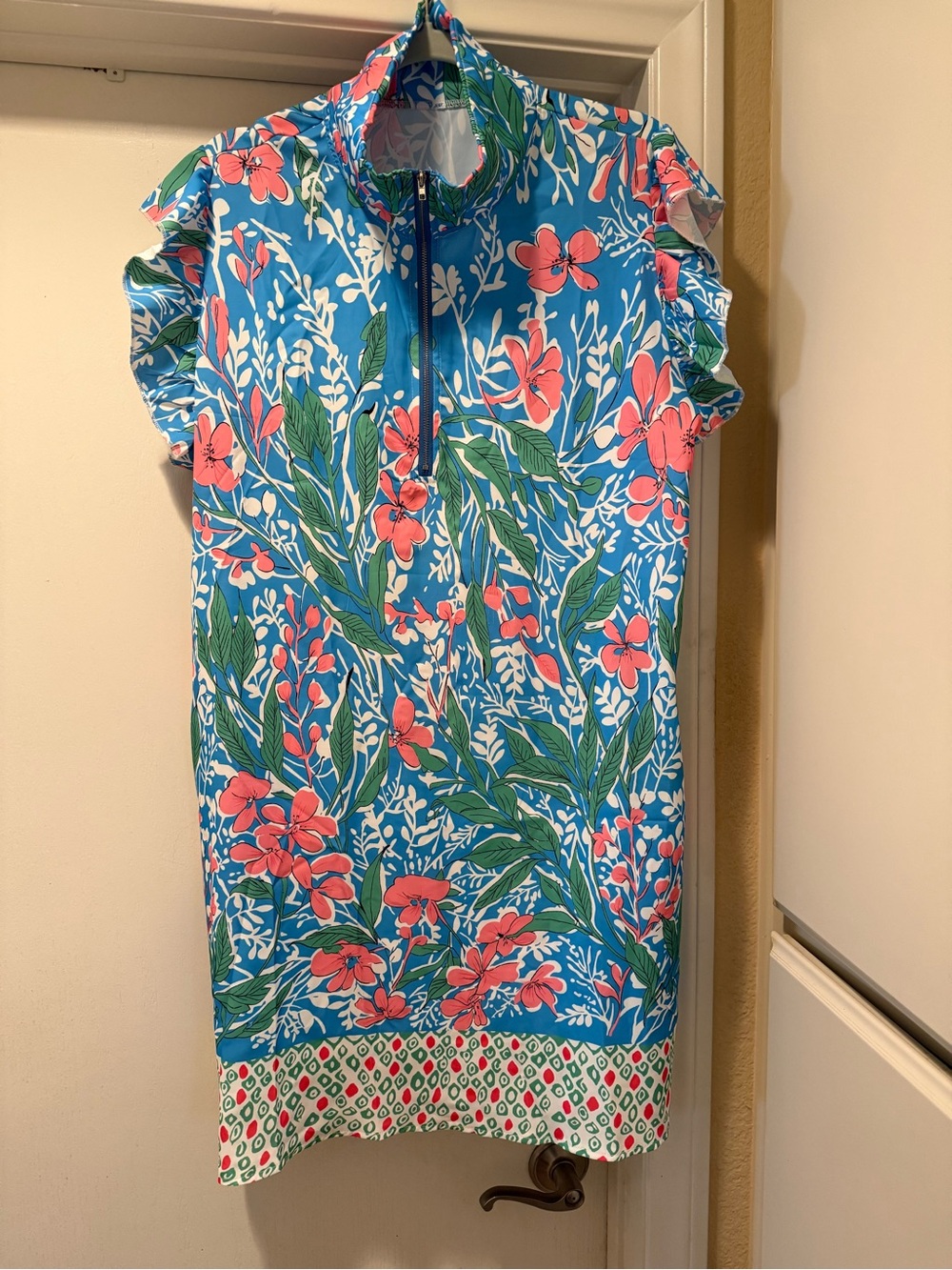 Blue Floral Zip-Front Sleeveless Dress